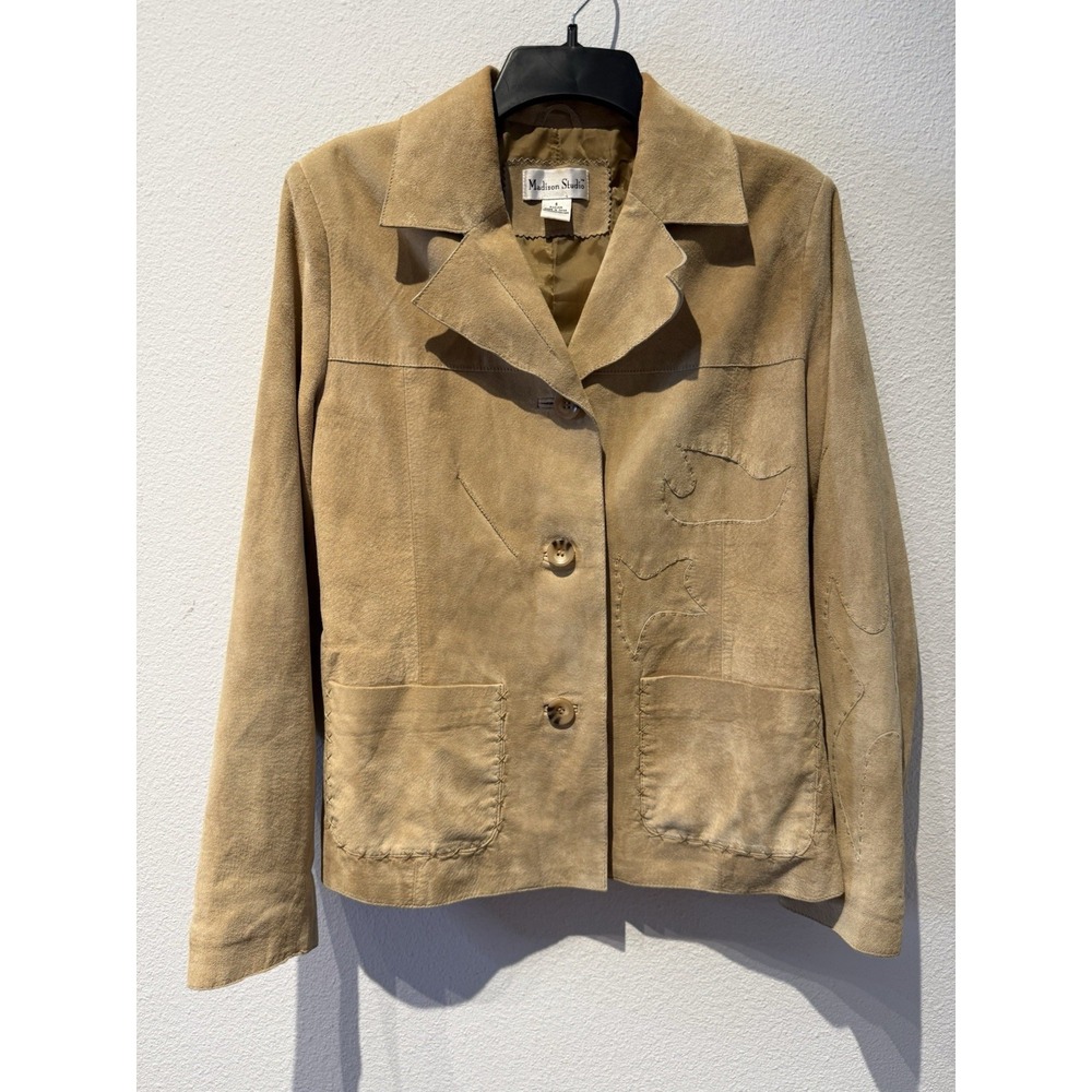 Vtg 90s Madison Studio Shacket Pig Suede Western Boyfriend 3 Button Tan Sz 6